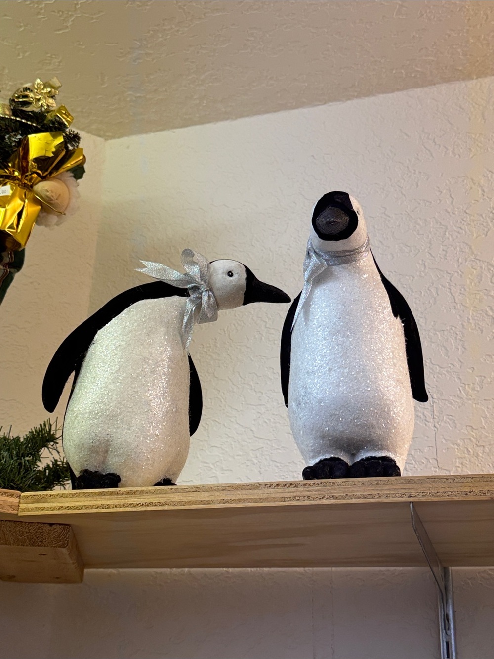 Hallmark Glitter Penguin Couple - White and Black with Silver Bows